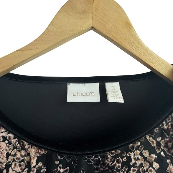Chicos Womens Black Velour Embossed Animal Print Blouse Size 3 US XL Chiffon - Picture 2 of 8